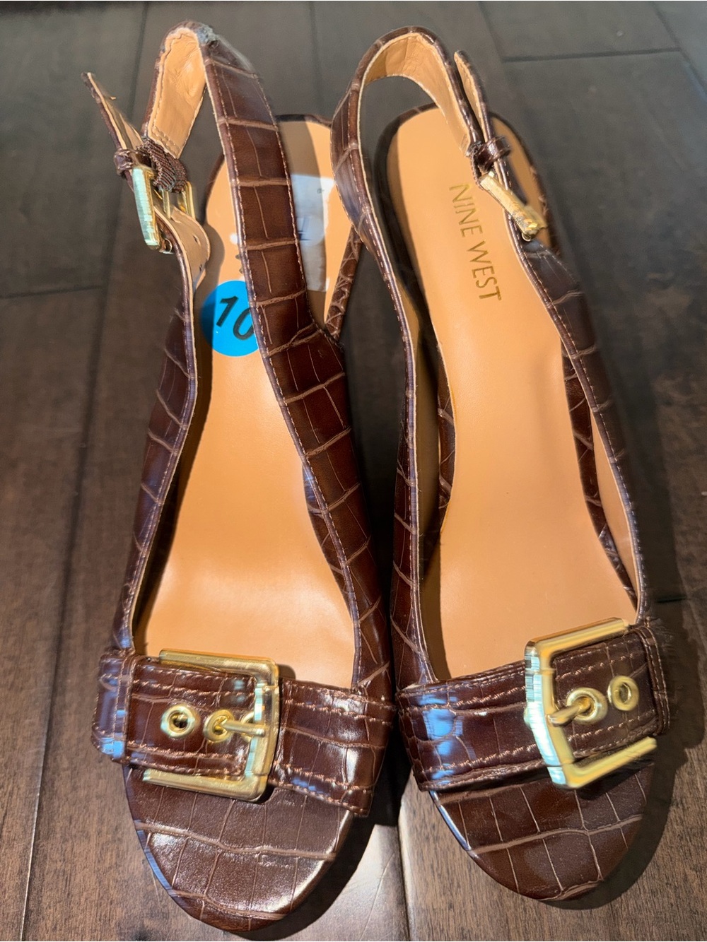 Nine West Dark Brown Croc-Embossed Slingback Heels with Gold Buckle